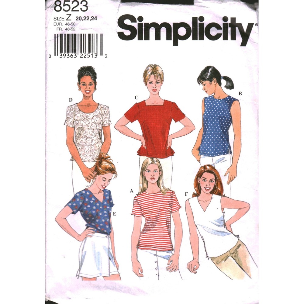 Simplicity 8523 Sewing Pattern Misses Pullover Tops Neckline Variations Sz 20-24